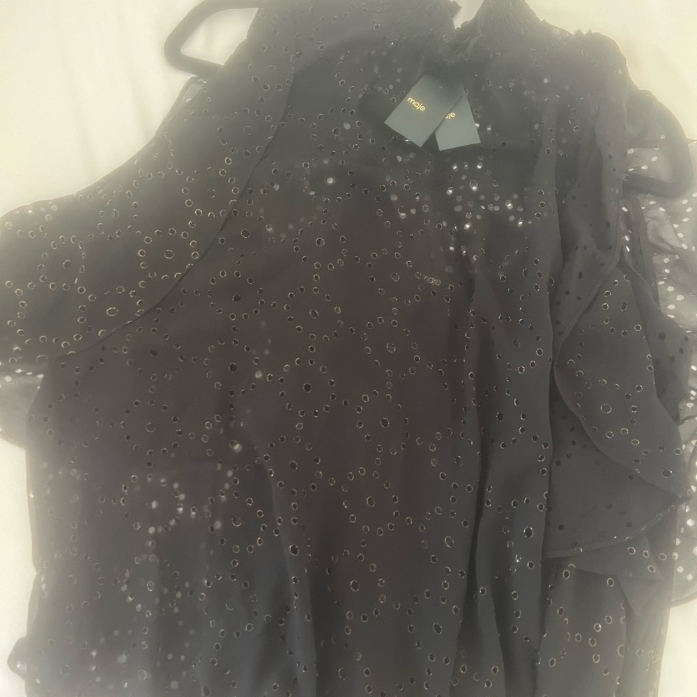 MAJE black laser cut ruffled metallic crepe blouse. Size 2 (equal to size 6) NWT - Picture 2 of 8